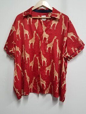 Chelsea Peers Pyjamas Top Womens 28 Red Giraffe Print Satin Shorts Sleeve Shirt